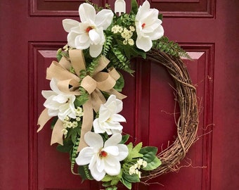 Farmhouse Magnolia Wreath for Front Door, Farmhouse Decor, Rustic Wreath, Magnolia Wreath, Grapevine Wreath, Everyday Wreath for Front Door