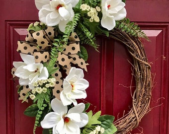 Farmhouse Magnolia Wreath for Front Door, Farmhouse Decor, Rustic Wreath, Magnolia Wreath, Grapevine Wreath, Everyday Wreath for Front Door