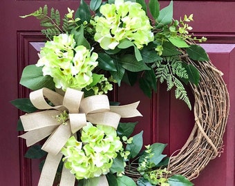Hydrangea Wreath for Front Door, Farmhouse Decor, Spring Wreath, Summer Wreath, Year Round Wreath, Greenery Wreath