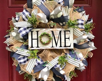 Home Wreath for Front Door, Burlap Wreath, Everyday Farmhouse Decor, Greenery Wreath, Year Round Wreath, Home Sign with Grapevine Greenery