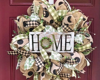 Home Wreath for Front Door, Burlap Wreath, Everyday Farmhouse Decor, Greenery Wreath, Year Round Wreath, Home Sign with Grapevine Greenery