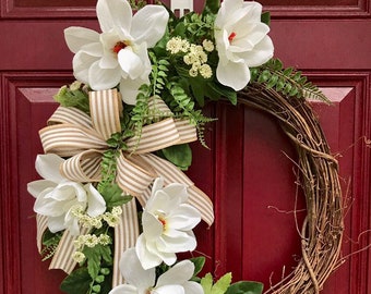 Farmhouse Magnolia Wreath for Front Door, Farmhouse Decor, Rustic Wreath, Magnolia Wreath, Grapevine Wreath, Everyday Wreath for Front Door