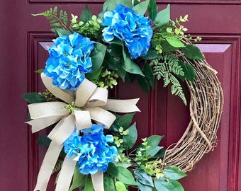 Hydrangea Wreath for Front Door, Farmhouse Decor, Spring Wreath, Summer Wreath, Year Round Wreath, Greenery Wreath