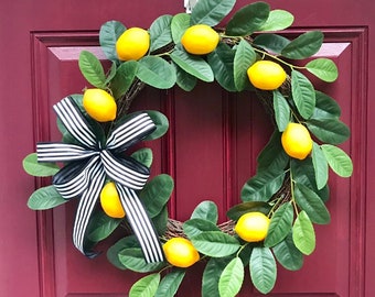 Lemon Wreath for Front Door, Lemon Farmhouse Theme Kitchen Decor, Artificial Citrus Front Porch Decoration