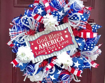 Patriotic Wreath for Front Door, July 4th Decoration, Memorial Day Wreath, Labor Day Wreath, Stars and Stripes, USA Wreath