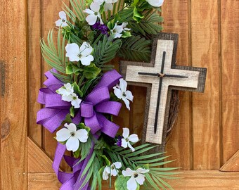 Easter Cross Wreath for Front Door, Religious Easter Decoration, Cross Wreath for Cemetery, Floral Vine Easter Decor, Church Door Decoration