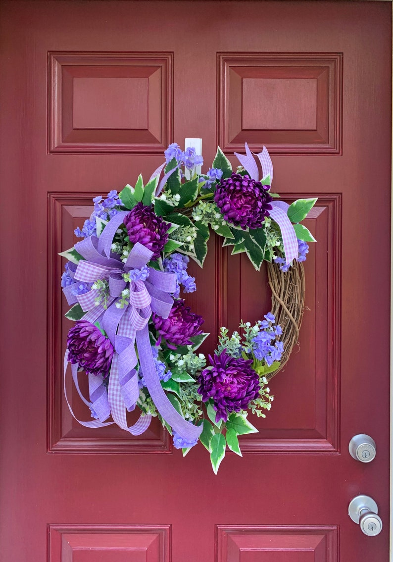 Everyday Lavender and Purple Floral Wreath for Front Door, Monogram Storm Door Wreath, Double Door Spring Summer Decor, Mother's Day Gift image 1
