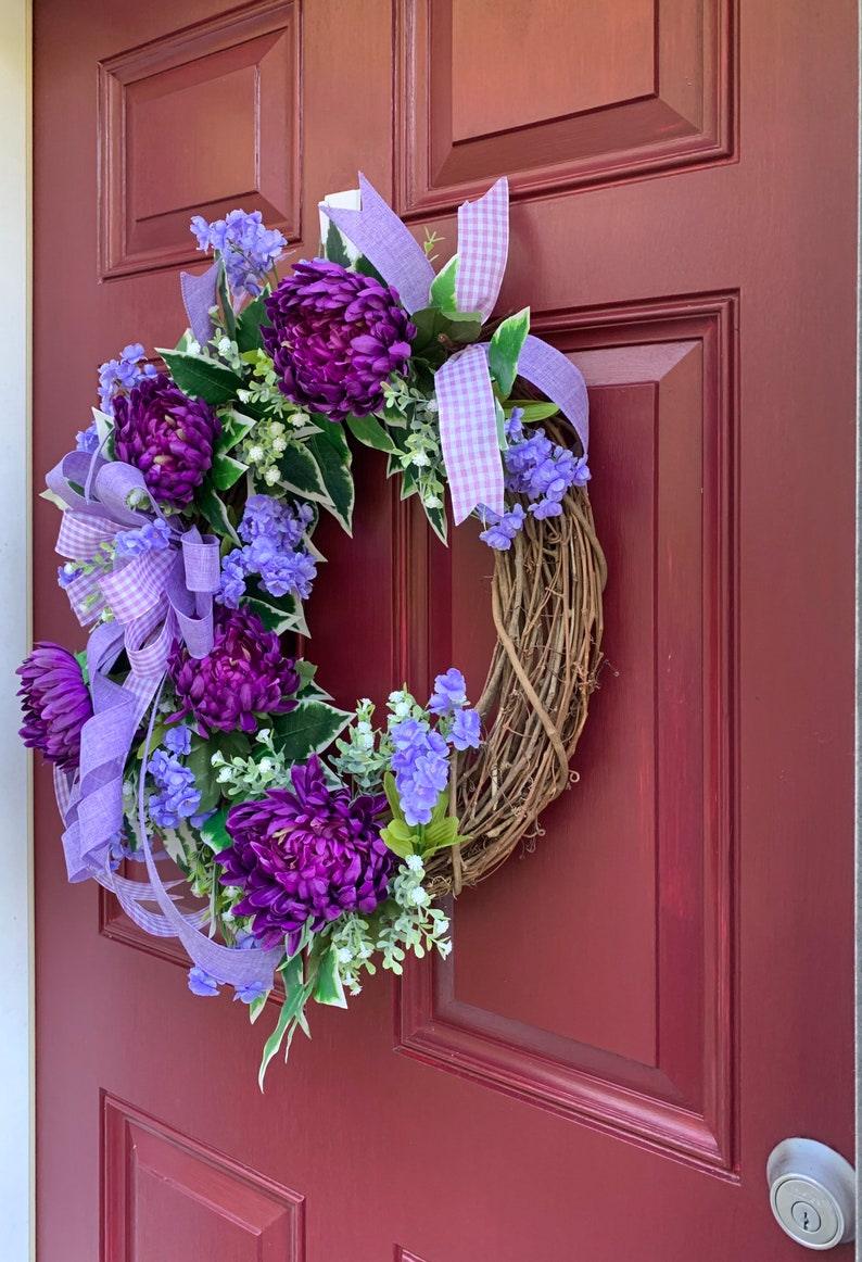 Everyday Lavender and Purple Floral Wreath for Front Door, Monogram Storm Door Wreath, Double Door Spring Summer Decor, Mother's Day Gift image 2