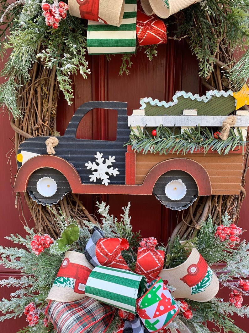 Red Truck Christmas Grapevine Wreath for Front Door Red Truck Etsy