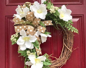 Farmhouse Magnolia Wreath for Front Door, Farmhouse Decor, Rustic Wreath, Elegant Wreath, Housewarming Gift, Mother's Day Gift,Spring Wreath