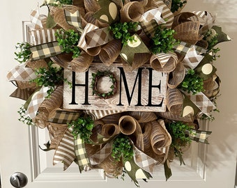 Home Wreath for Front Door, Burlap Wreath, Everyday Farmhouse Decor, Greenery Wreath, Year Round Wreath, Home Sign with Grapevine Greenery