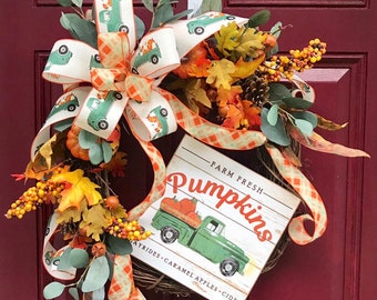 Fall Pumpkin Wreath, Vintage Truck Front Door, Leaf Wreath, Red Truck Décor, Farmhouse Door, Rustic Fall Wreath, Fall Porch Decor