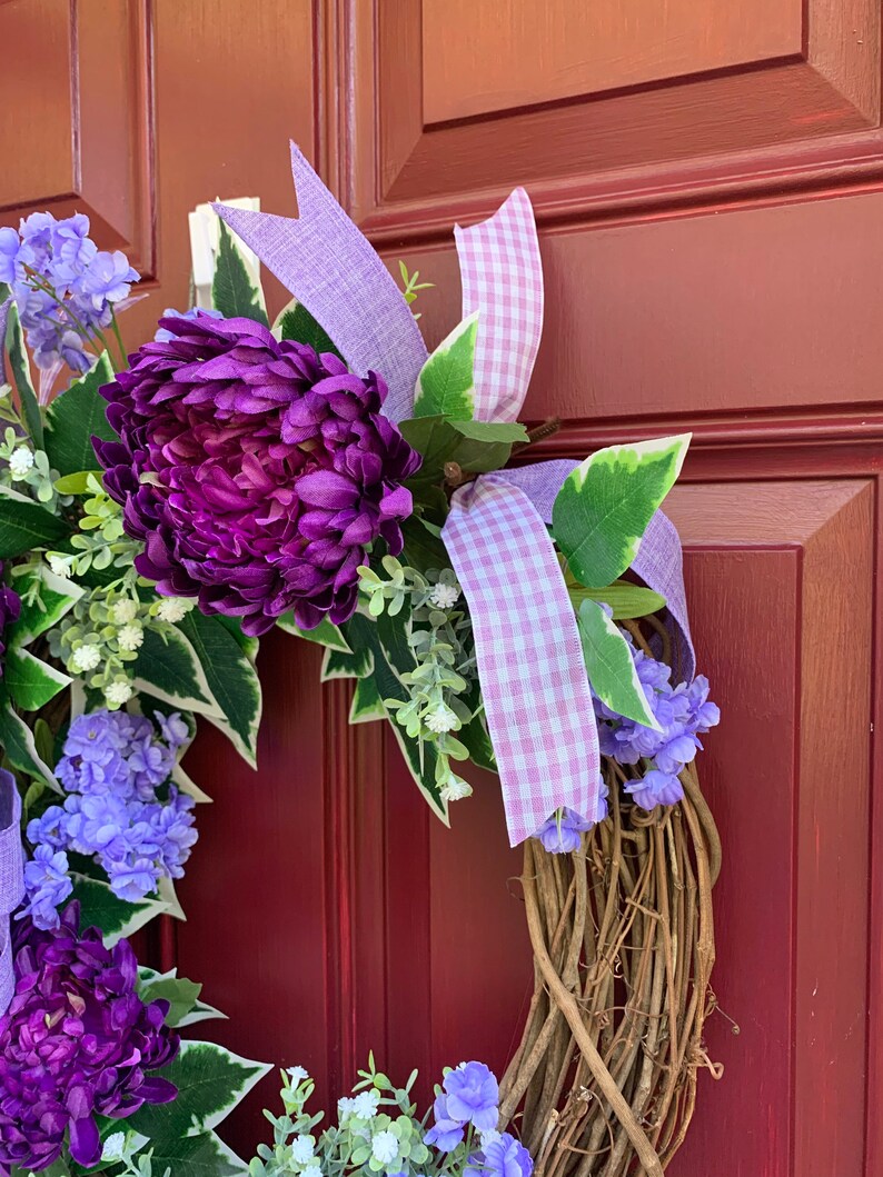 Everyday Lavender and Purple Floral Wreath for Front Door, Monogram Storm Door Wreath, Double Door Spring Summer Decor, Mother's Day Gift image 4