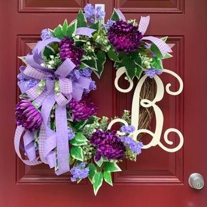 Everyday Lavender and Purple Floral Wreath for Front Door, Monogram Storm Door Wreath, Double Door Spring Summer Decor, Mother's Day Gift image 5