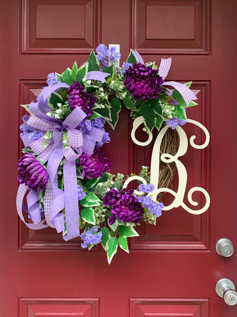 Everyday Lavender and Purple Floral Wreath for Front Door, Monogram Storm Door Wreath, Double Door Spring Summer Decor, Mother's Day Gift image 5