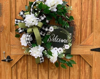 Hydrangea Wreath, Farmhouse Decor, Spring or Summer Wreath, Front Door Wreath, Year Round Greenery Decor for Front Porch