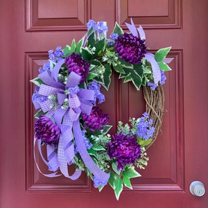 Everyday Lavender and Purple Floral Wreath for Front Door, Monogram Storm Door Wreath, Double Door Spring Summer Decor, Mother's Day Gift image 9