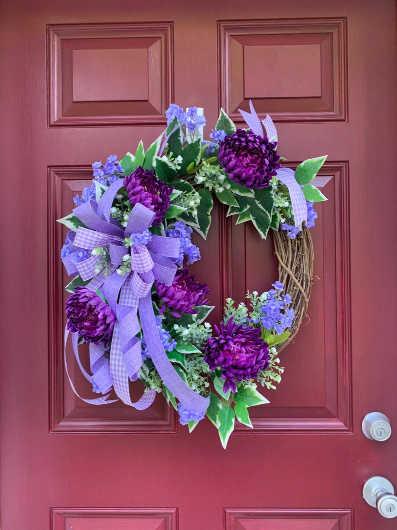 Everyday Lavender and Purple Floral Wreath for Front Door, Monogram Storm Door Wreath, Double Door Spring Summer Decor, Mother's Day Gift image 9
