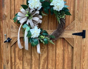 Hydrangea Wreath, Farmhouse Decor, Spring Wreath, Summer Wreath, Front Door Wreath, Year Round Wreath, Greenery Wreath, Personalized Wreath