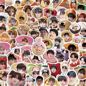 May include: A collection of colorful stickers featuring various images of people's faces, some with food-themed designs. The stickers are in various shapes and sizes, with a white border.