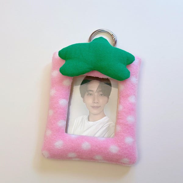 Strawberry cushion photocard holder, handmade kpop photo card display, Polaroid frame, keychain bag charm