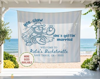 Personalized Yee-Claw Beach Bach Banner Party Welcome Sign, Coastal Bachelorette Photo Backdrop Wall Tapestry, Bridal Shower Girl Trip Decor