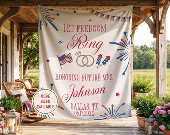 Personalized Red White And Blue USA Themed Bridal Shower Party Tapestry Welcome Sign, Fourth of July USA Bach Photo Backdrop Banner Decor.