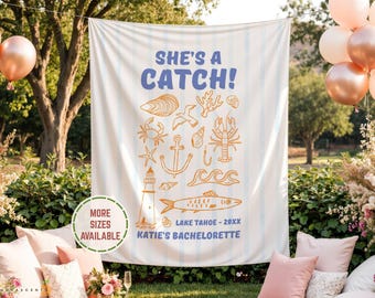 Personalized Coastal Bachelorette Welcome Sign, She's a Catch Sardine Tapestry, Beach Bridal Shower Party Banner, Bach Backdrop Banner Decor
