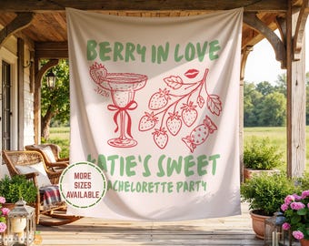 Personalized Strawberry Bachelorette Party Welcome Sign, Berry in Love Bridal Shower Photo Backdrop Banner Decor, Fresh Off The Market Decor
