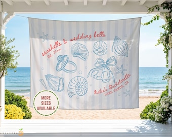 Personalized Seashells Beach Bach Banner Party Welcome Sign, Coastal Wedding Bells Bachelorette Photo Backdrop Tapestry, Girls Trip Decor.