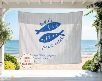 Personalized Sardine Coastal Bachelorette Welcome Sign, She's a Catch Tapestry, Beach Bridal Shower Party Banner, Bach Backdrop Banner Decor