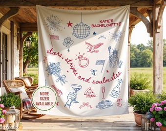 Personalized Red White And Blue USA Themed Bridal Shower Party Tapestry Welcome Sign, Fourth of July USA Bach Photo Backdrop Banner Decor.