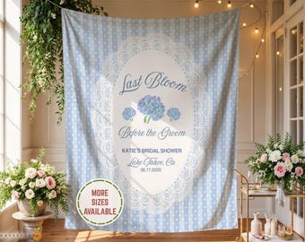 Letrero de bienvenida personalizado para despedida de soltera en el jardín, tapiz floral para fondo de fotos de despedida de soltera, decoración estilo cottagecore con hortensias.