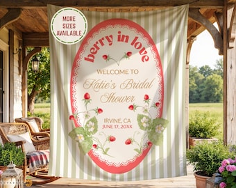 Personalized Strawberry Bachelorette Party Welcome Sign, Berry in Love Bridal Shower Photo Backdrop Banner Decor, Fresh Off The Market Decor