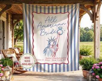 Personalized Red White And Blue Themed Bridal Shower Party Tapestry Welcome Sign, Fourth of July USA Bride Bach Photo Backdrop Banner Decor.