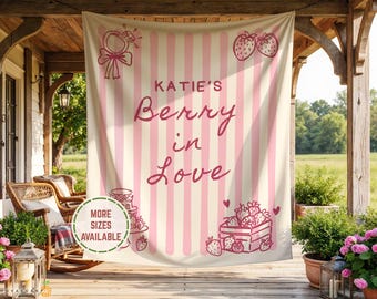 Personalized Strawberry Bachelorette Party Welcome Sign, Berry in Love Bridal Shower Photo Backdrop Banner Decor, Fresh Off The Market Decor
