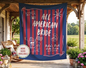 Personalized Red White And Blue USA Themed Bridal Shower Party Tapestry Welcome Sign, Fourth of July USA Bach Photo Backdrop Banner Decor.