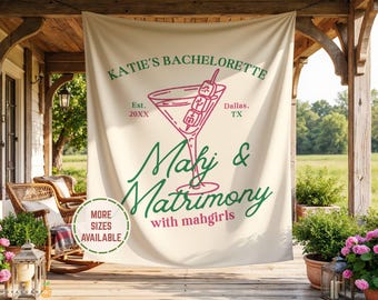 Personalized Mahjong & Matrimony Bachelorette Party Tapestry Welcome Sign, Mahj Bridal Shower Photo Backdrop Banner, Tiles Girls Trip Decor