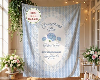 Letrero de bienvenida personalizado para despedida de soltera con temática azul, tapiz decorativo con temática floral para despedida de soltera, pancarta decorativa estilo cottagecore con hortensias.