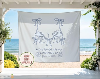 Personalized Beach Bikini Top Bach Party Banner Welcome Sign, Ocean Bachelorette Photo Backdrop Tapestry, Bridal Shower Girls Trip