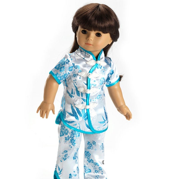 Blue Satin Bamboo Print Pajamas or Chinese Doll Suit Outfit for 18" American Girl Dolls