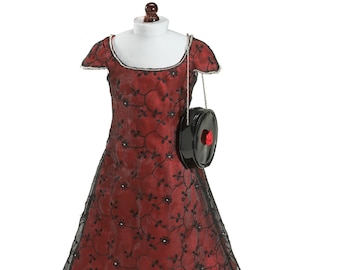 18&quot; Dolls Easter Dress in Embroidered Organza over Red Satin, Black Bag and Sandals fits 18&quot; Dolls like American Girl Dolls