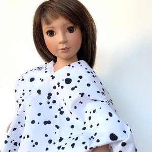 Tela para disfraz de Cruella con estampado dálmata, escala pequeña, para coser ropa de muñecas como las American Girl de 18" o Carpatina