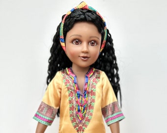 Maya Louise 18 inch Black Doll with black hair and Dashiki African American Doll Dress and Sandals - Read Description