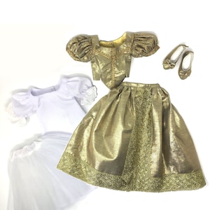 Versailles Gold Doll Dress and Shoes Historical Outfit 18 Slim Doll Clothes like Carpatina, Magic Attic or Slim BJD dolls image 1