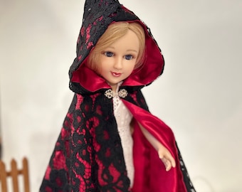 Black Lace Doll Cloak with Hood and Red Satin lining for all 18" Dolls - Hand Made in USA, Valentine Gift