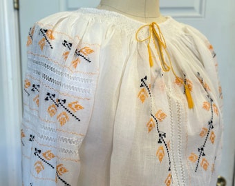 White Peasant Blouse Handmade in Romania, Cotton with Silk Peach Flower Embroidery