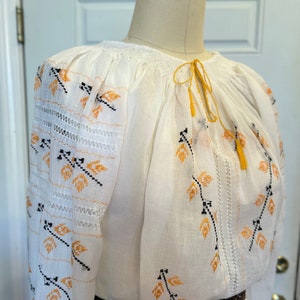 White Peasant Blouse Handmade in Romania, Cotton with Silk yellow Flower Embroidery