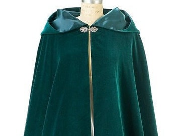 Green Velvet Cloak with Hood, completely Lined in Green Satin - Custom Made by Order