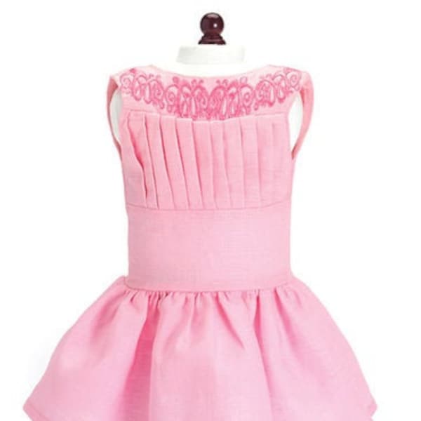 Pink Linen Doll Dress with Pleated Bodice and Neckline Embroidery for 18" American Girl Dolls